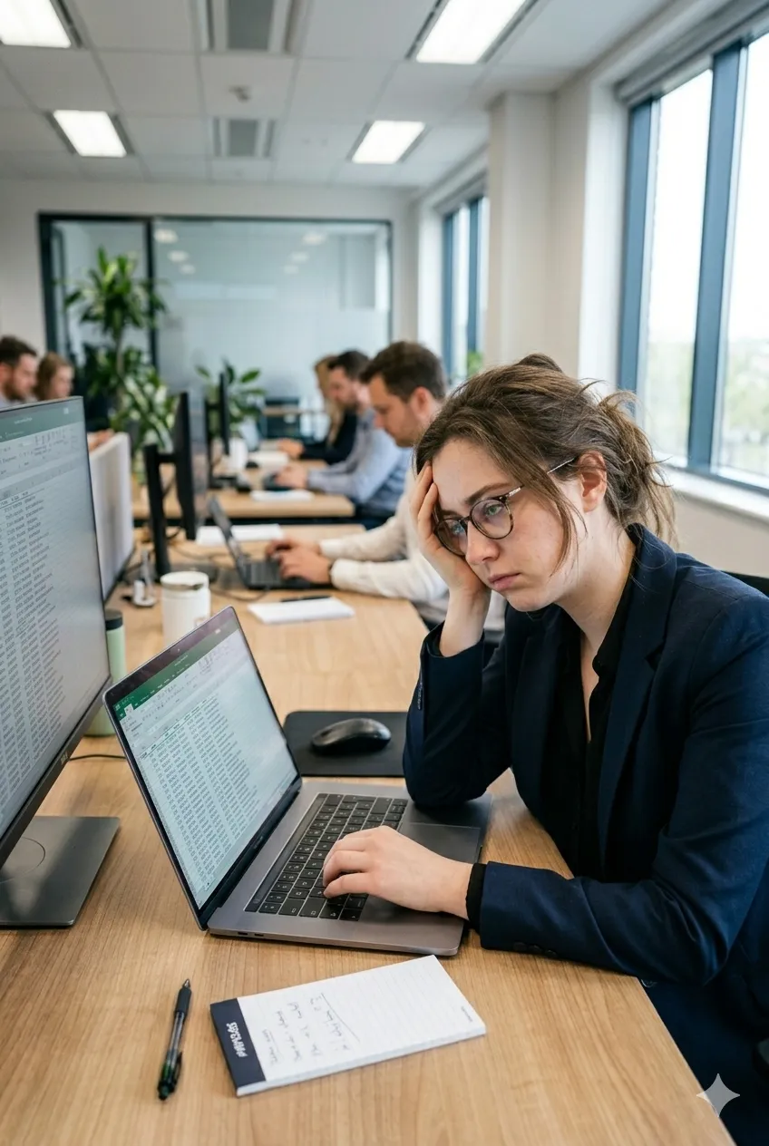 A stressed employee overwhelmed by mundane work.